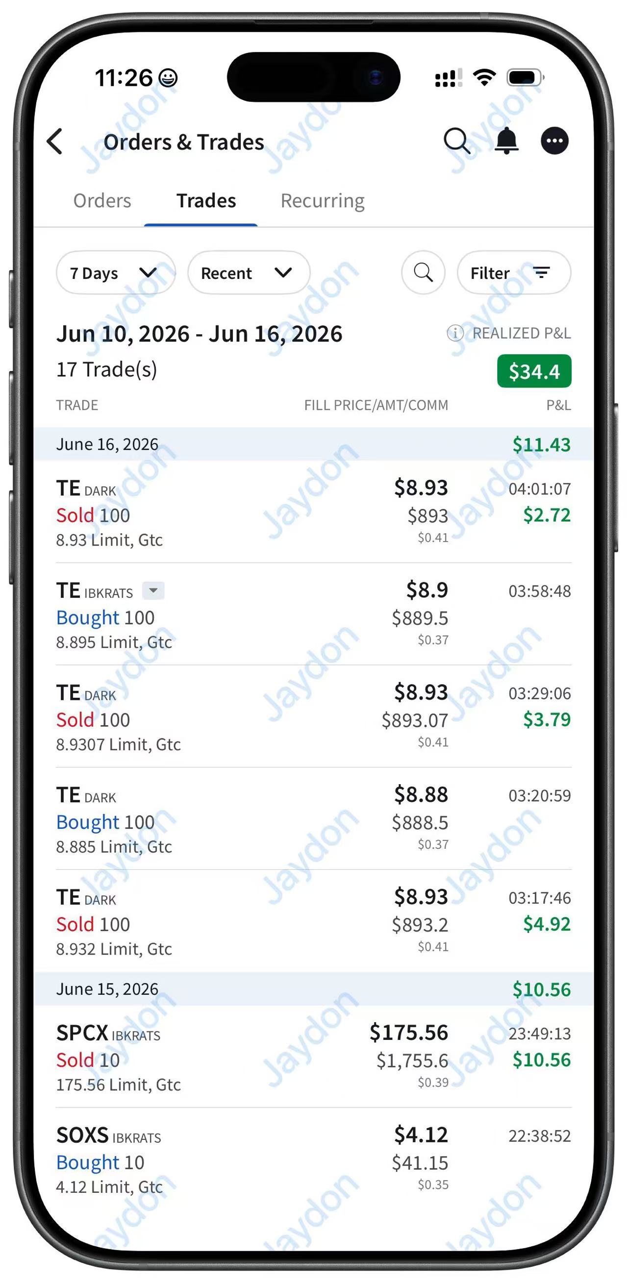 IBKR mobile app live fills